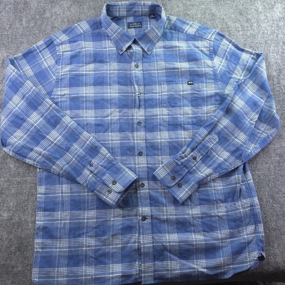 Fish Hippie Flannel Shirt 2XL Blue‎ Plaid Button Down Pocket Cotton Stretch